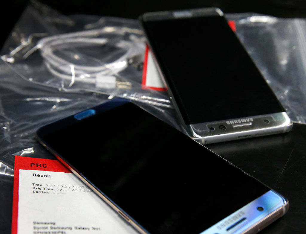 OREM, UT - SEPTEMBER 15: Several Samsung Galaxy Note 7's lay on a counter in plastic bags after they were returned to a Best Buy on September 15, 2016 in Orem, Utah. The Consumer Safety Commission announced today a safety recall on Samsung's new Galaxy Note 7 smartphone after users reported that some of the devices caught fire when charging. (Photo by George Frey/Getty Images)